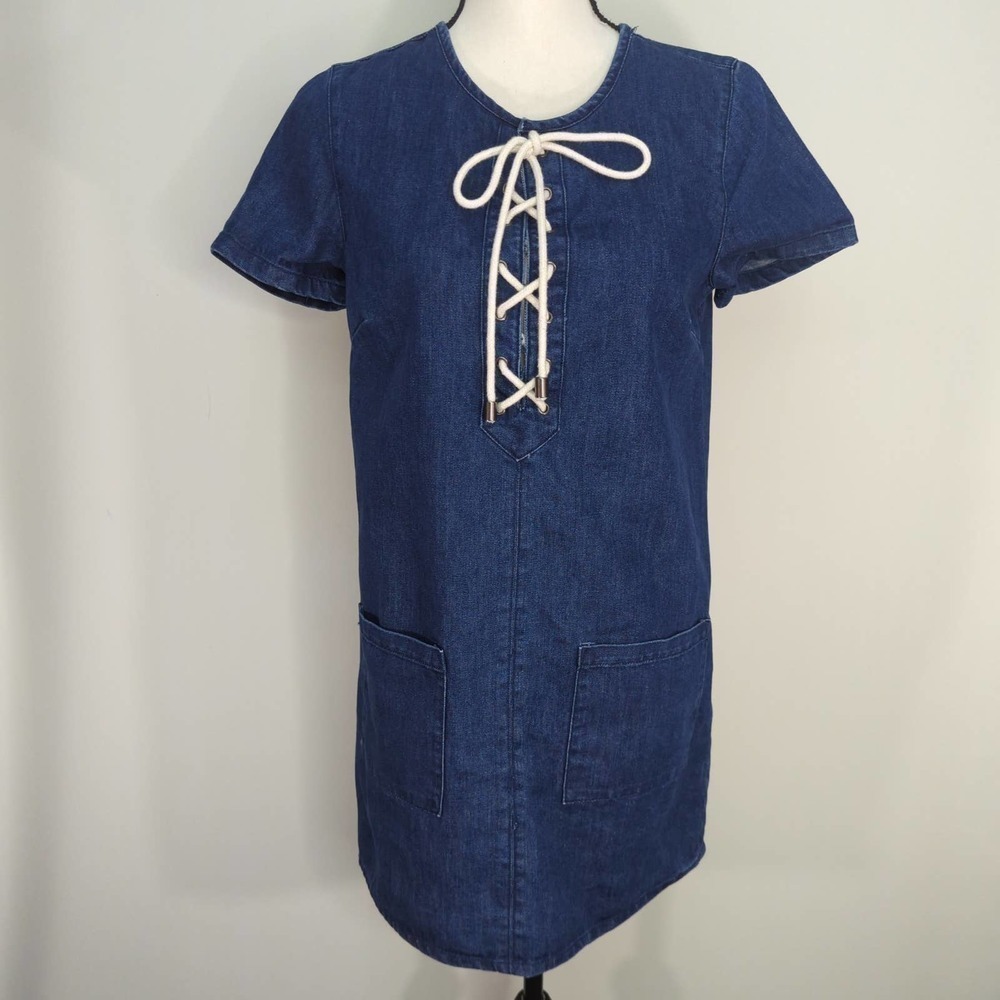 Forever 21 Womens Denim Dress Short Sleeve Lace-Up Pockets Side Zip Dark Wash S